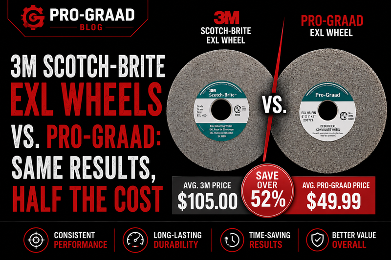 Comparison of 3M Scotch-Brite EXL and Pro-Graad EXL wheels showing the same results at half the cost, with 3M averaging $105 and Pro-Graad $49.99 for over 52% savings.