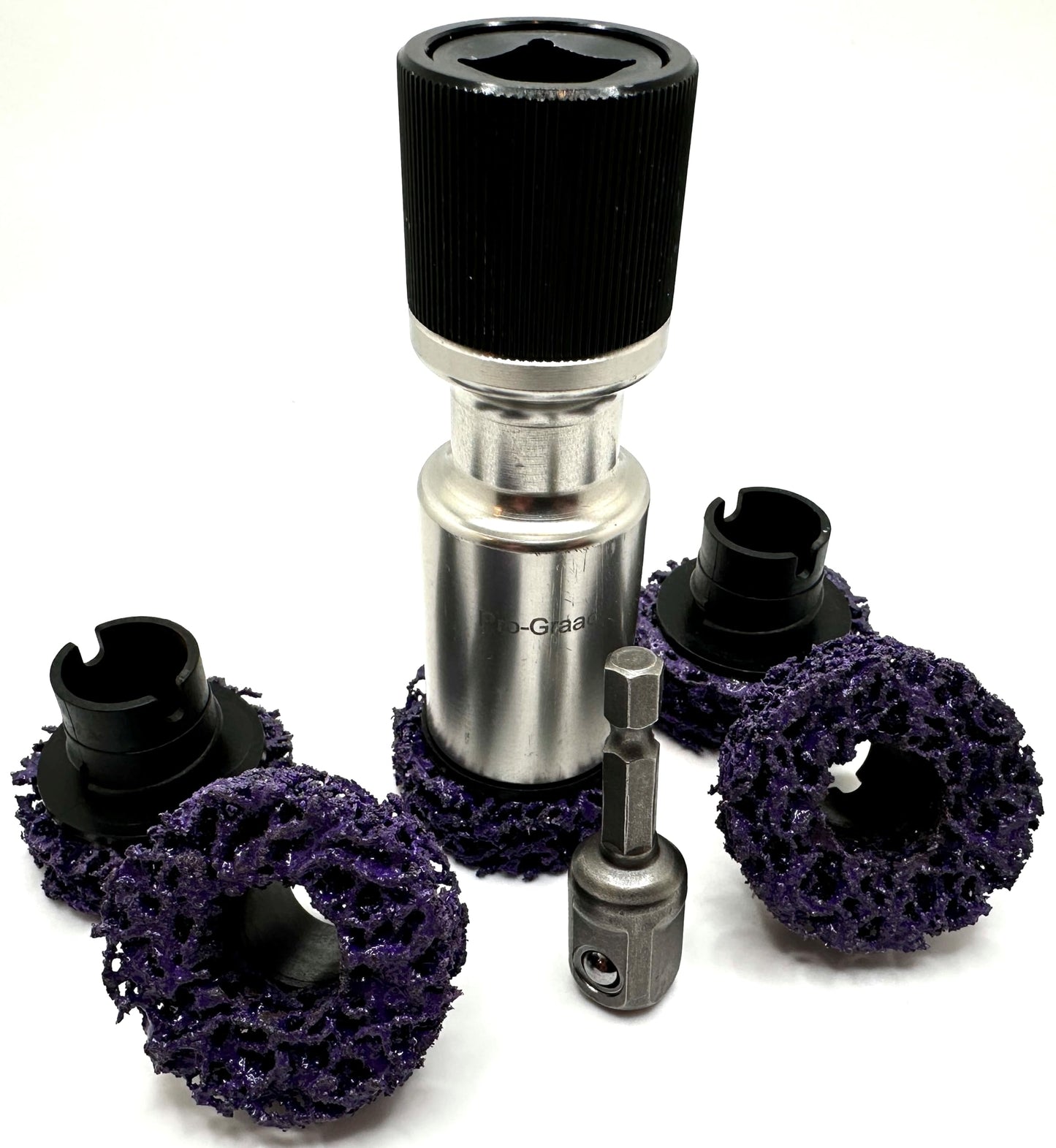 Pro-Graad 7 Piece 1-1/2” Brake Hub Cleaning Disc Kit, Impact Driven Tool Resurfacing Hub, Rotor, Stud, Wheel Rust Removal Cleaner, Kit Includes 5X Cleaning Pad Discs, 1x Tool Holder, 1x Drill Adapter