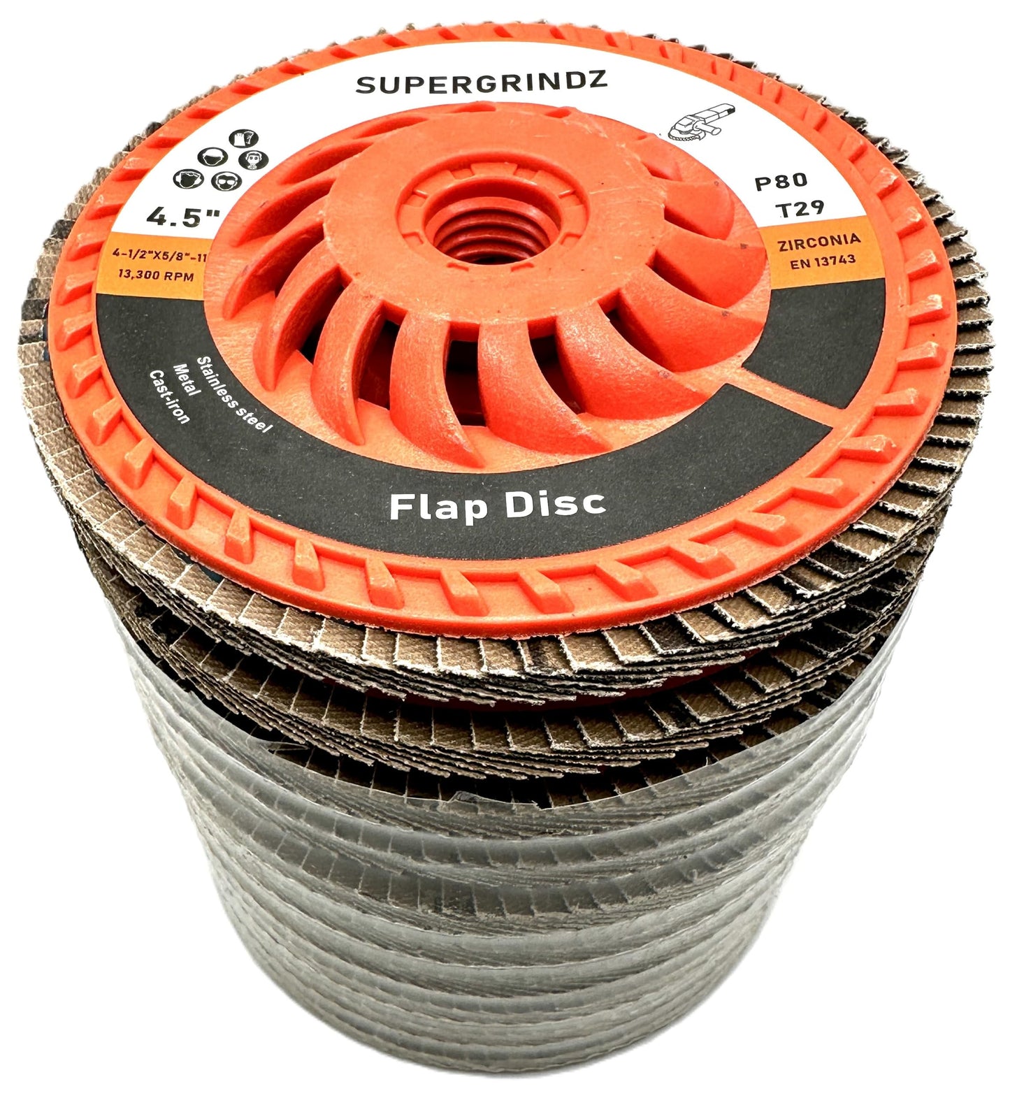 SuperGrindz 10 Pack 4-1/2" x 5/8"-11 80 Grit Bevel Type 29 High-Density Zirconia Trimmable Flap Discs for 4.5" & 5" Grinders, 5/8”-11 Fast Change Hub, Sanding, Finishing, Stock & Rust Removal