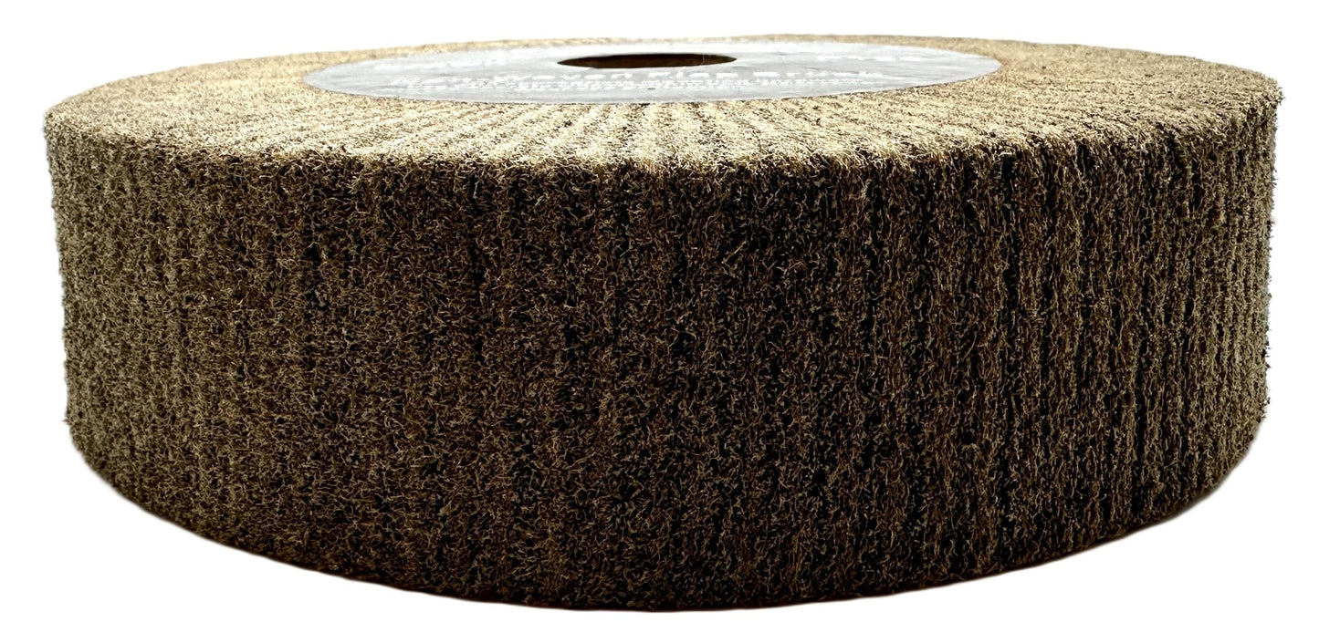 8” x 2” Brown P150 Cut & Polish Non-Woven Bench Grinder Polishing Burnishing Satin Finishing Flap Brush Wheel, Aluminum Copper Metal Golf Club Refurb, Compatible for 1/2”, 5/8”, 3/4" Arbor