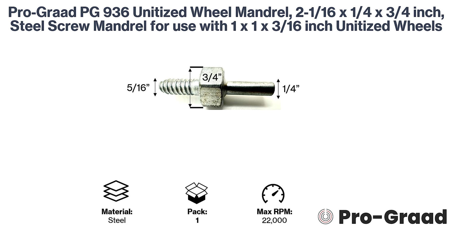 Pro-Graad 1 Pack PG 936 946 Unitized Wheel Mandrel, Quick Change Mandrel for Unitized Plug Wheels, use with 1 x 1 x 3/16 inch Unitized Wheels, Compatible for use with 3M Scotch Brite Unitized Wheels