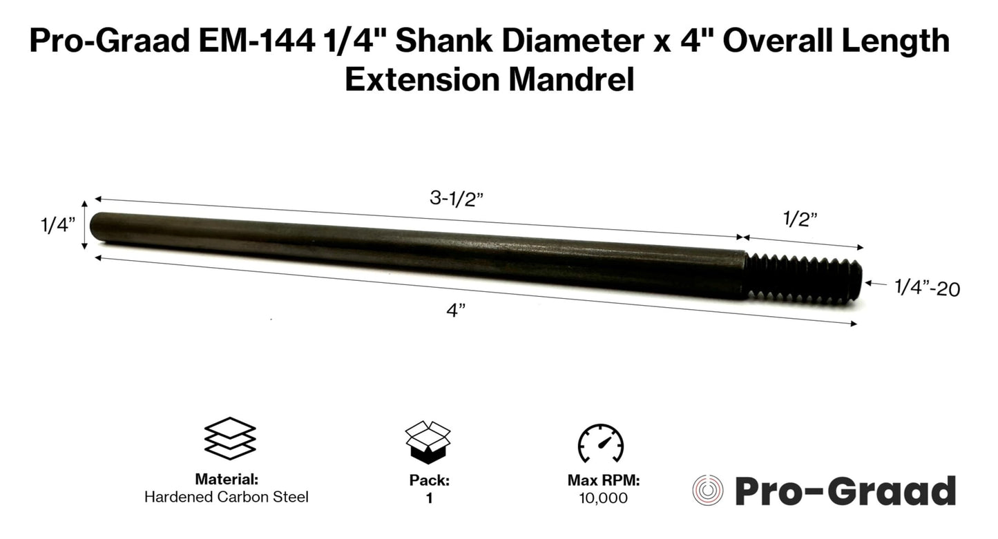 Pro-Graad EM-144 4” Extension Shank for Quick Change Disc Pad Holders & Bore Polishers, 1/4" Shank Mandrel x 4" Overall Length, 1/4"-20 Thread Size, Compatible with Roll Lock, TR, TS Holders