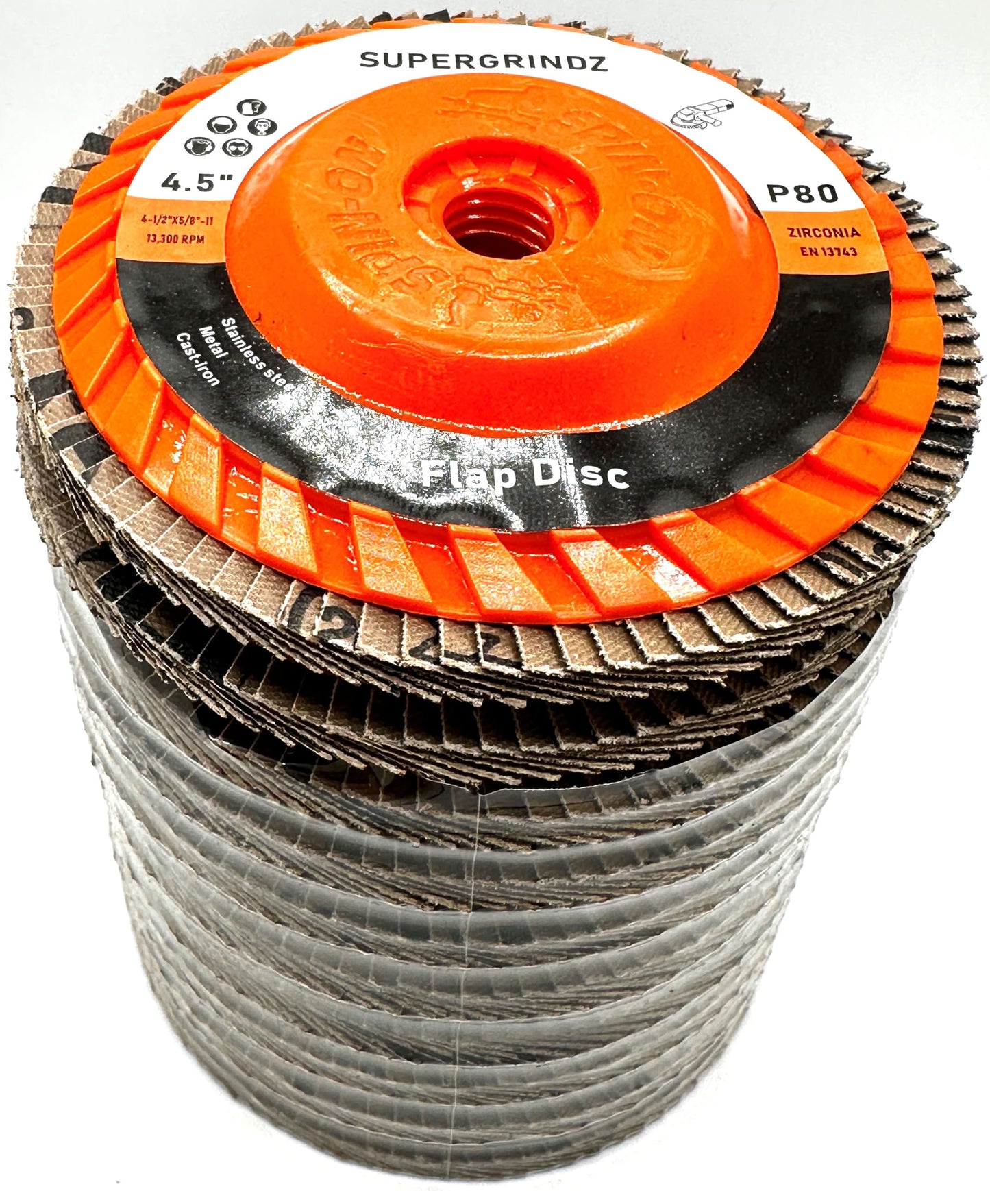 SuperGrindz 10 Pack 4-1/2" x 5/8"-11 80 Grit Type 27 High-Density Zirconia Trimmable Flap Discs for 4.5" & 5" Grinders, 5/8”-11 Fast Change Hub, Sanding, Finishing, Stock & Rust Removal