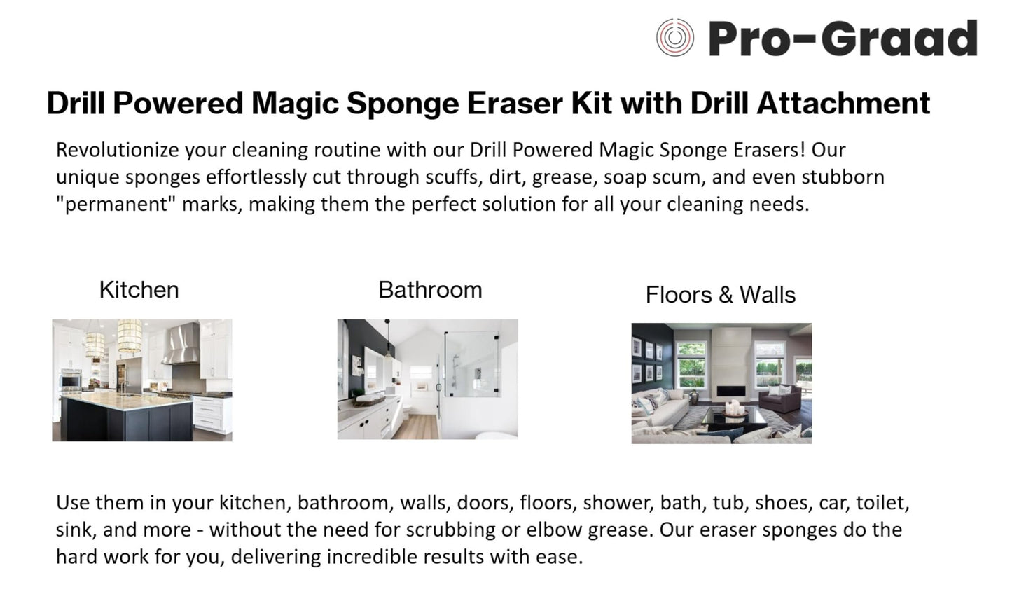 4.5” Drill Powered Magic Sponge Eraser & Scouring Eraser 6 Pieces Kit with Drill Attachment | Ultra Durable Eraser Pads for Deep Cleaning Bathroom Kitchen Floors Walls Baseboards Crayon Marker & More