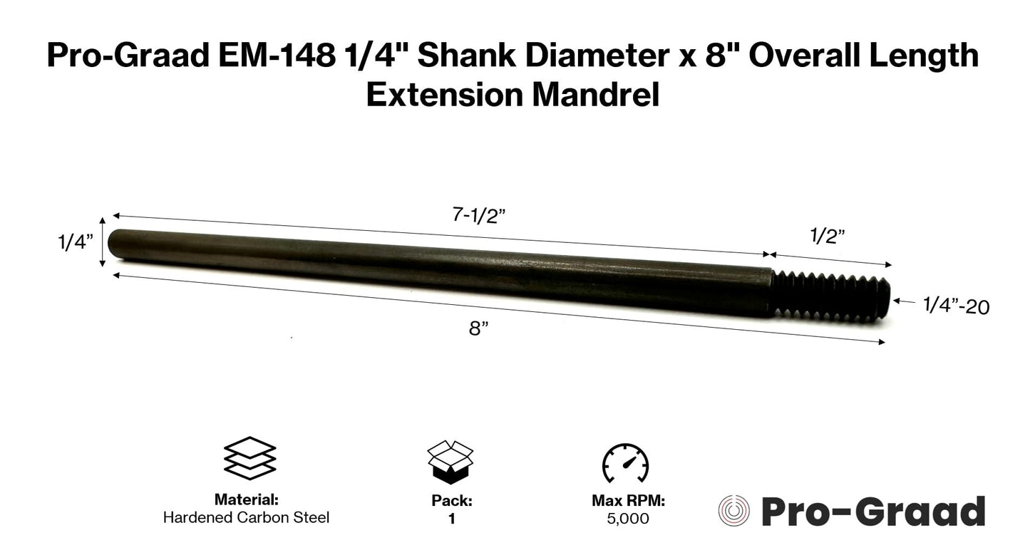 Pro-Graad EM-148 8” Extension Shank for Quick Change Disc Pad Holders & Bore Polishers, 1/4" Shank Mandrel x 8" Overall Length, 1/4"-20 Thread Size, Compatible with Roll Lock, TR, TS Holders