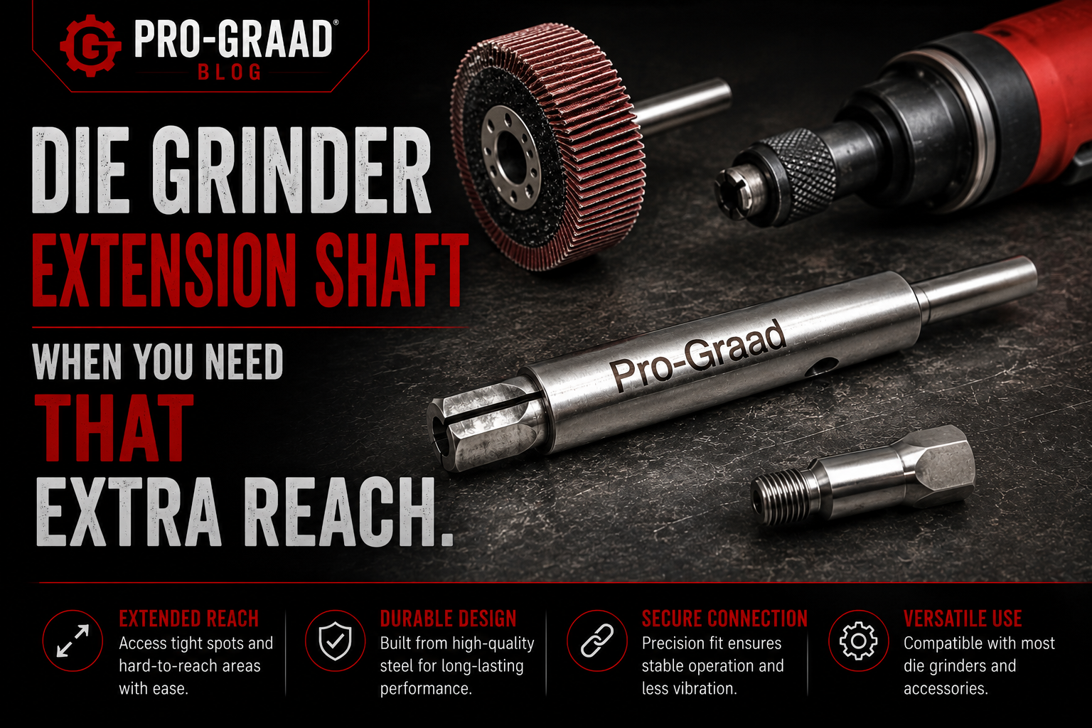 Pro-Graad Long Reach Heavy Duty 1/4" Collet Extension Tool for die grinders and drills