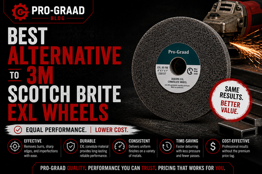 Pro-Graad EXL convolute deburring wheel promoted as the best alternative to 3M Scotch-Brite EXL wheels for metal finishing and deburring.