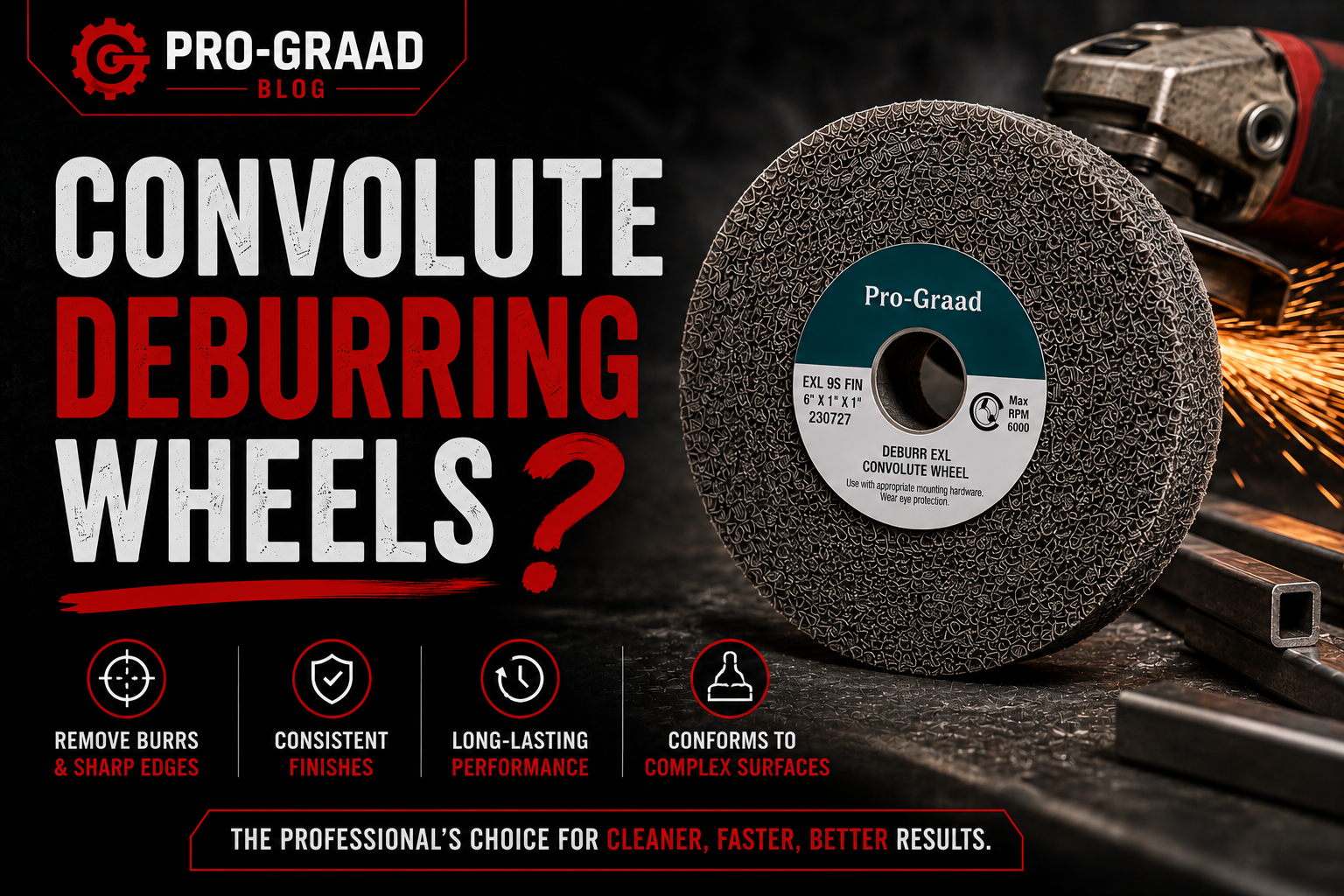 Pro-Graad convolute deburring wheel with guide to removing burrs, smoothing edges, and achieving consistent metal finishing results.
