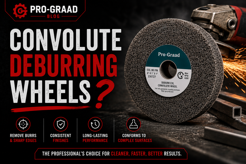 Pro-Graad convolute deburring wheel with guide to removing burrs, smoothing edges, and achieving consistent metal finishing results.