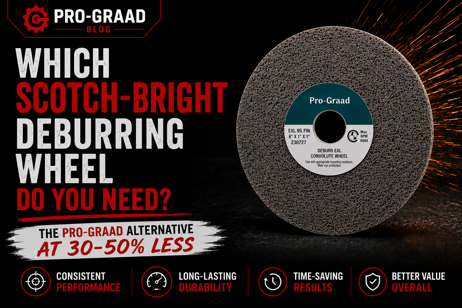 Pro-Graad EXL deburring wheel with the title 'Which Scotch-Bright Deburring Wheel Do You Need?' and tagline 'The Pro-Graad Alternative at 30–50% Less.