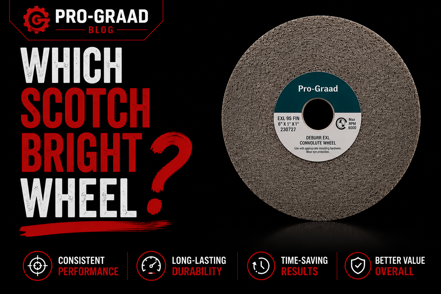 Pro-Graad Blog graphic titled 'Which Scotch-Brite Wheel?' featuring a Pro-Graad EXL deburring wheel on a black background with callouts for consistent performance, long-lasting durability, time-saving results, and better overall value.