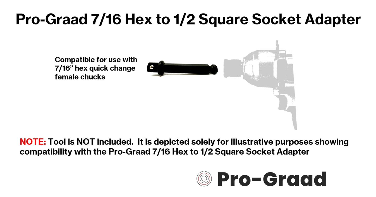 Pro-Graad 7/16 Hex to 1/2 Square Socket Extended Length Adapter Drive Converter, Impact Driver Bit, Ball Retainer, 3.5” Extension, Works with 7/16” Impact Driver & 1/2" Drill
