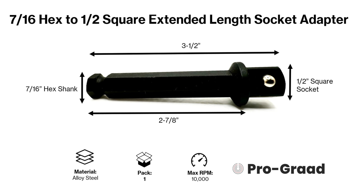 Pro-Graad 7/16 Hex to 1/2 Square Socket Extended Length Adapter Drive Converter, Impact Driver Bit, Ball Retainer, 3.5” Extension, Works with 7/16” Impact Driver & 1/2" Drill