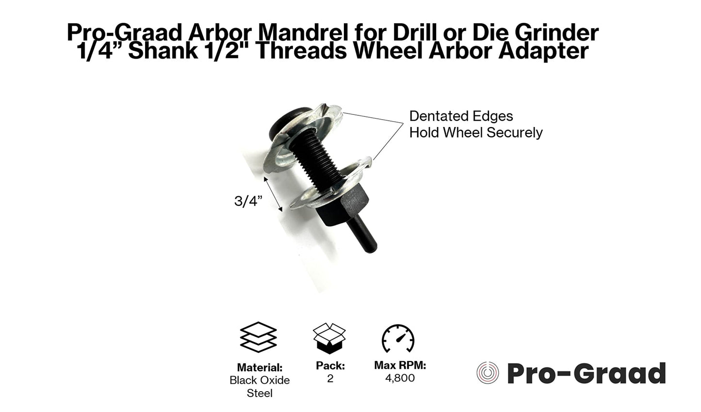 Pro-Graad Arbor Mandrel for Drill or Die Grinder 1/4” Shank 1/2" Threads Wheel Arbor Adapter for Mounting 1/4” up to 3/4” Wide Buffing Grinding and Polishing Wheels with 1/2” Center Hole | 2 Pack