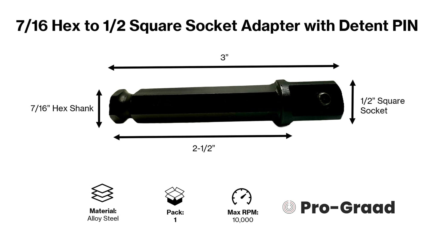 Pro-Graad 7/16 Hex to 1/2 Square Socket Adapter Drive Converter, Impact Driver Bit, Detent PIN, 2.5” Extension, 7/16” to 1/2” Impact Adapter, Works with 7/16inch Impact Driver & 1/2inch Electric Drill