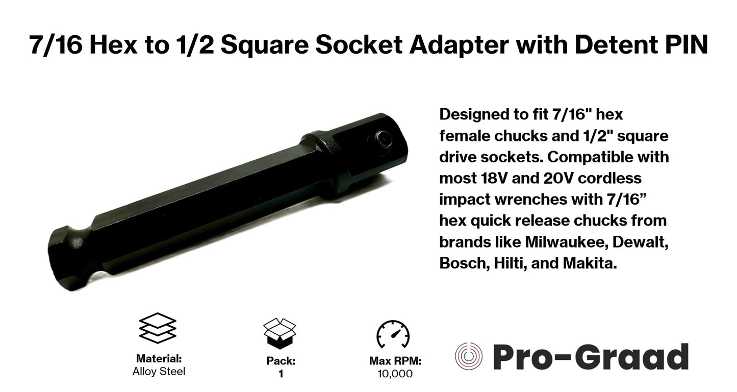 Pro-Graad 7/16 Hex to 1/2 Square Socket Adapter Drive Converter, Impact Driver Bit, Detent PIN, 2.5” Extension, 7/16” to 1/2” Impact Adapter, Works with 7/16inch Impact Driver & 1/2inch Electric Drill