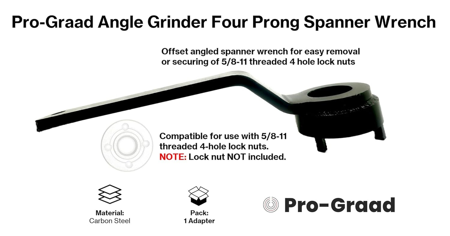 Pro-Graad Angle Grinder Wrench, 4-Prong Spanner for 4-1/2”–9” Grinders 4 Hole 5/8-11 Lock Nuts, Durable Steel, 1-3/8" Offset Ideal for Thick Pads & Discs, Easy to Use, Pack of 1