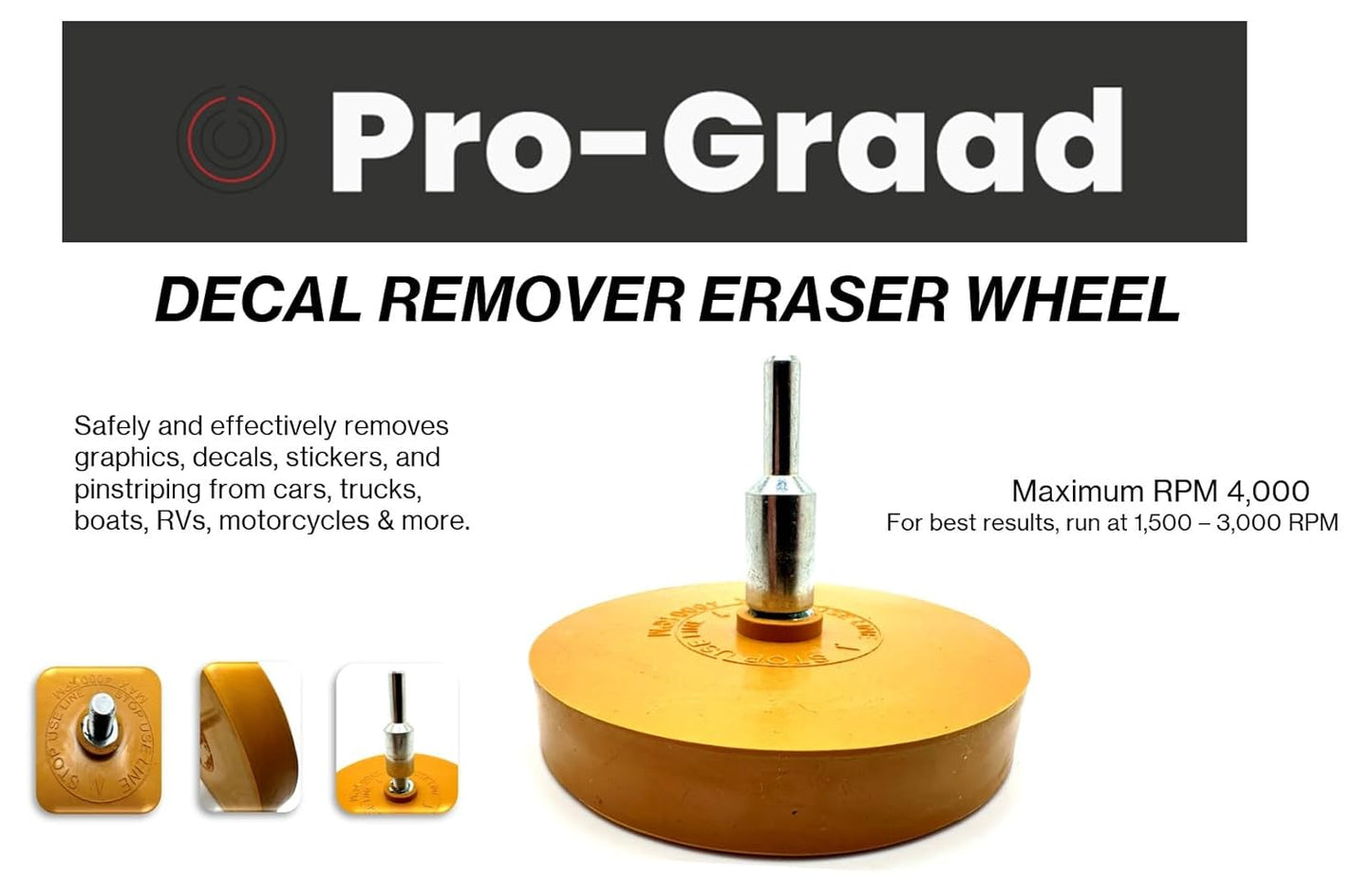 Pro-Graad Decal Remover Eraser Wheel | Solid Rubber Eraser Wheel with Drill Adapter | Removes Graphics, Vinyl Decals, Stickers, Pinstripes, Car Emblems | Adhesive Remover
