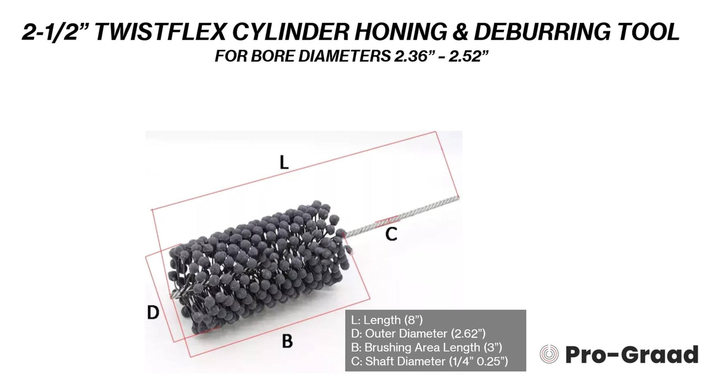 Pro-Graad TwistFlex 2-1/2" 240SC Cylinder Hone | 2.5" Flexible Cylinder Honing & Deburring Tool | Bore Brush for Hole Diameters 2.36"- 2.52" | Silicon Carbide 240 Grit | 1/4" Shank | 8" Overall Length