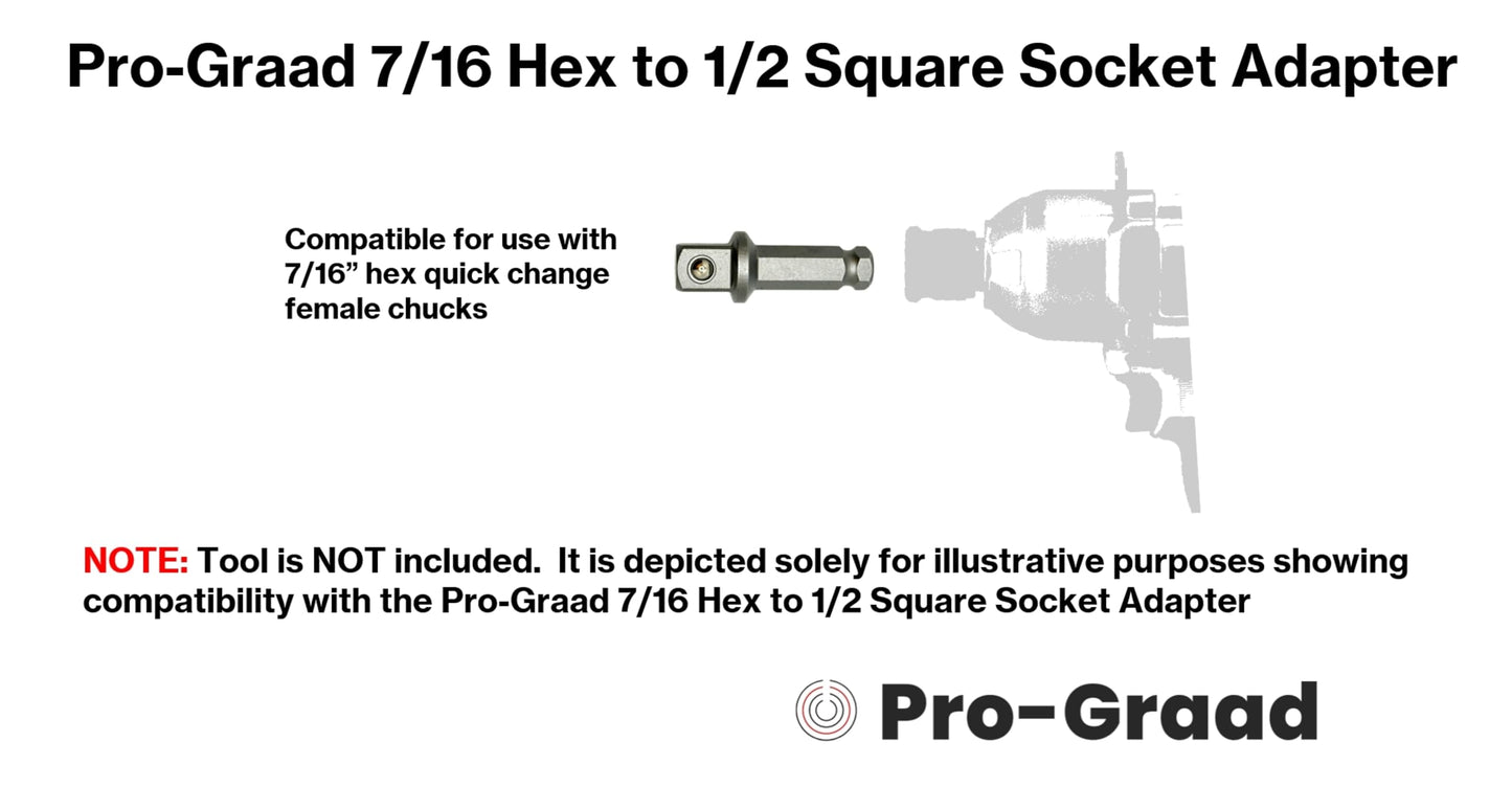 Pro-Graad 7/16 Hex to 1/2 Square Socket Adapter Drive Converter, Impact Driver Bit, Spring Ball Retainer, 2” Extension, 7/16” to 1/2” Impact Adapter, Works with 7/16 Impact Driver & 1/2 Electric Drill
