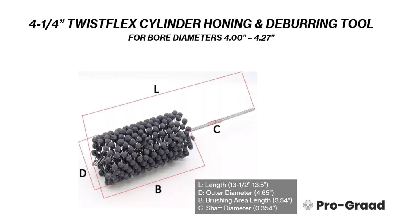 Pro-Graad TwistFlex Cylinder Hone | 4-1/4” 240SC Flexible Cylinder Honing & Deburring Tool | 4.25” Bore Brush for Hole Diameters 4” – 4.27” | Silicon Carbide 240 Grit 0.354” Shank 13-1/2” Length