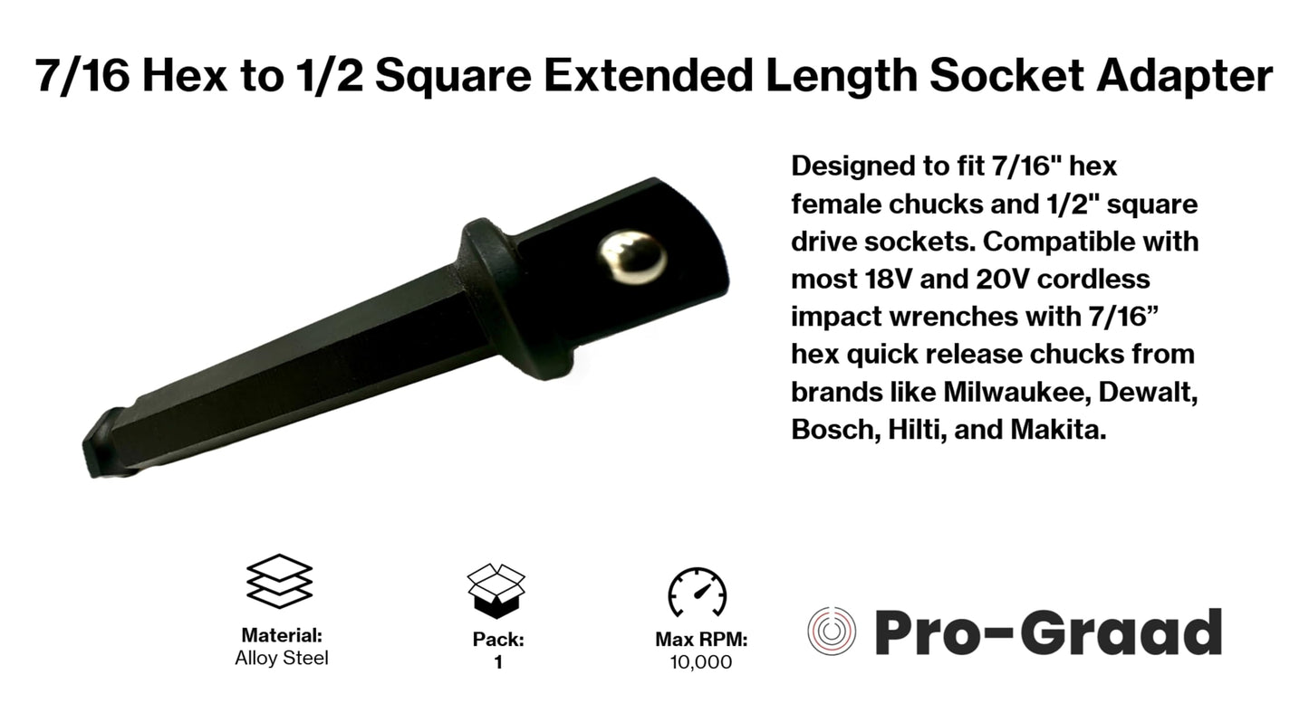 Pro-Graad 7/16 Hex to 1/2 Square Socket Extended Length Adapter Drive Converter, Impact Driver Bit, Ball Retainer, 3.5” Extension, Works with 7/16” Impact Driver & 1/2" Drill