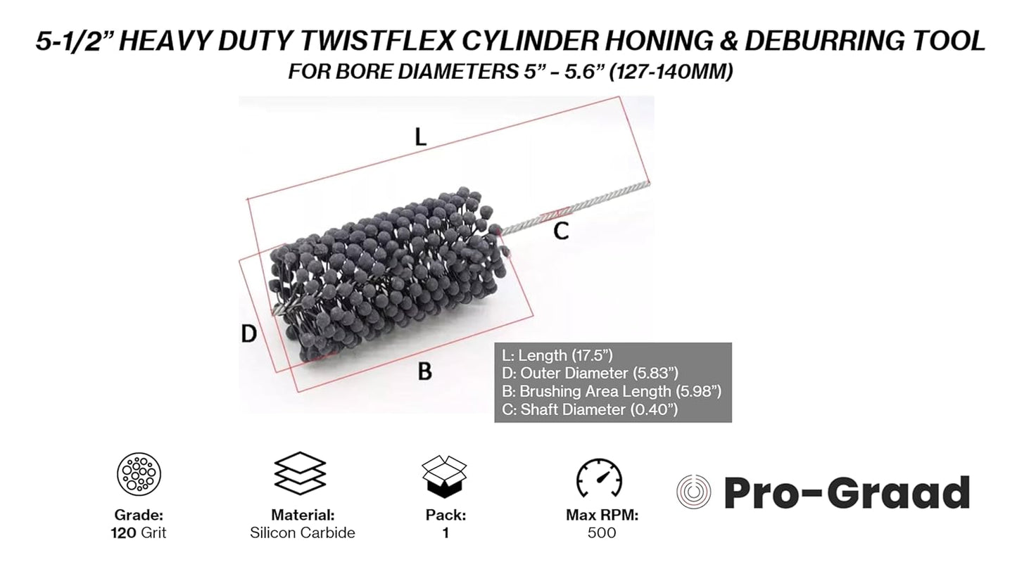 Pro-Graad TwistFlex 5-1/2” 120SC Heavy Duty Cylinder Hone | 5.5" (140mm) Flexible Cylinder Honing & Deburring Tool | Bore Brush for Hole Diameters 5” – 5.5” | Silicon Carbide 120 Grit | 17.5" Length