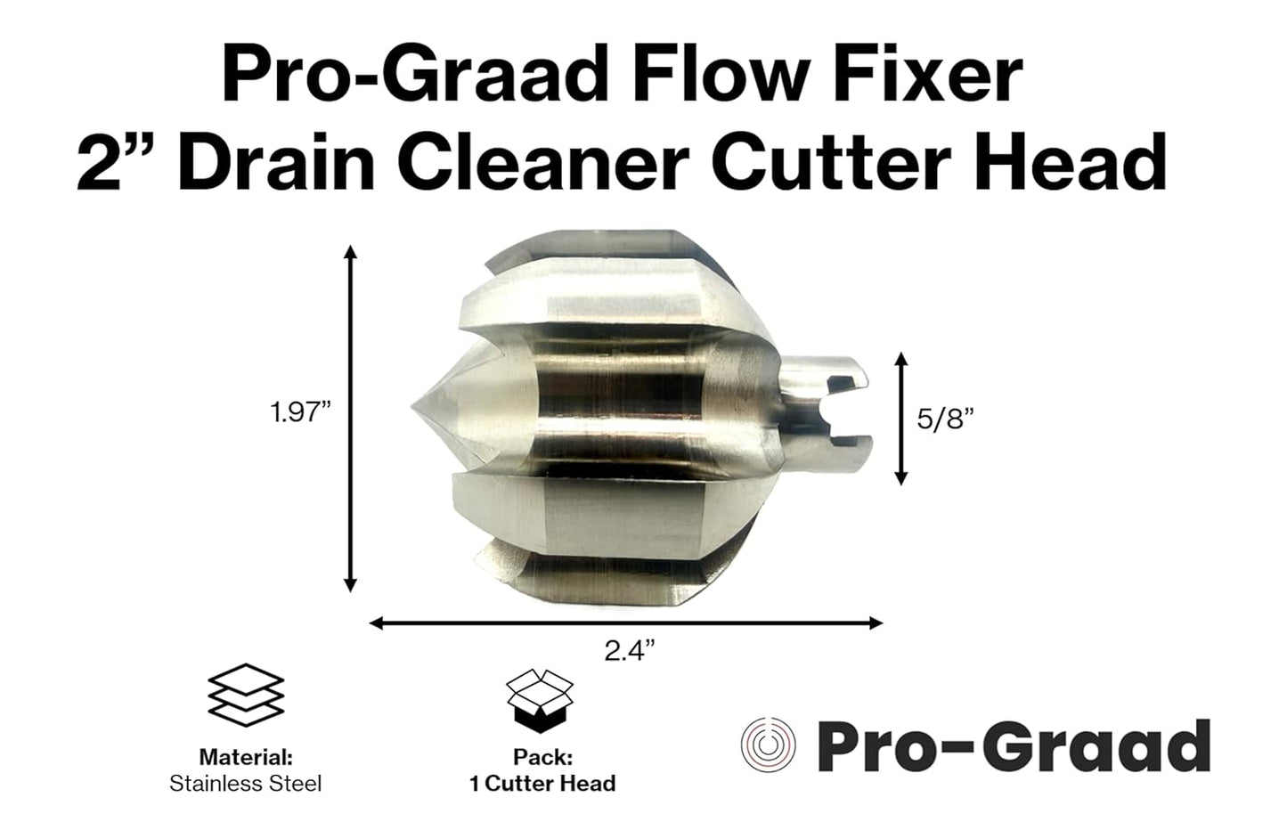 Pro-Graad 2” Flow Fixer Drain Cleaner Plumbing Snake Cutter Head for 2-1/2" - 3" Pipes, Clears & Scrapes Pipe Inner Walls, with R-Connector (Push Pin Fitting), for Commercial & Residential Use