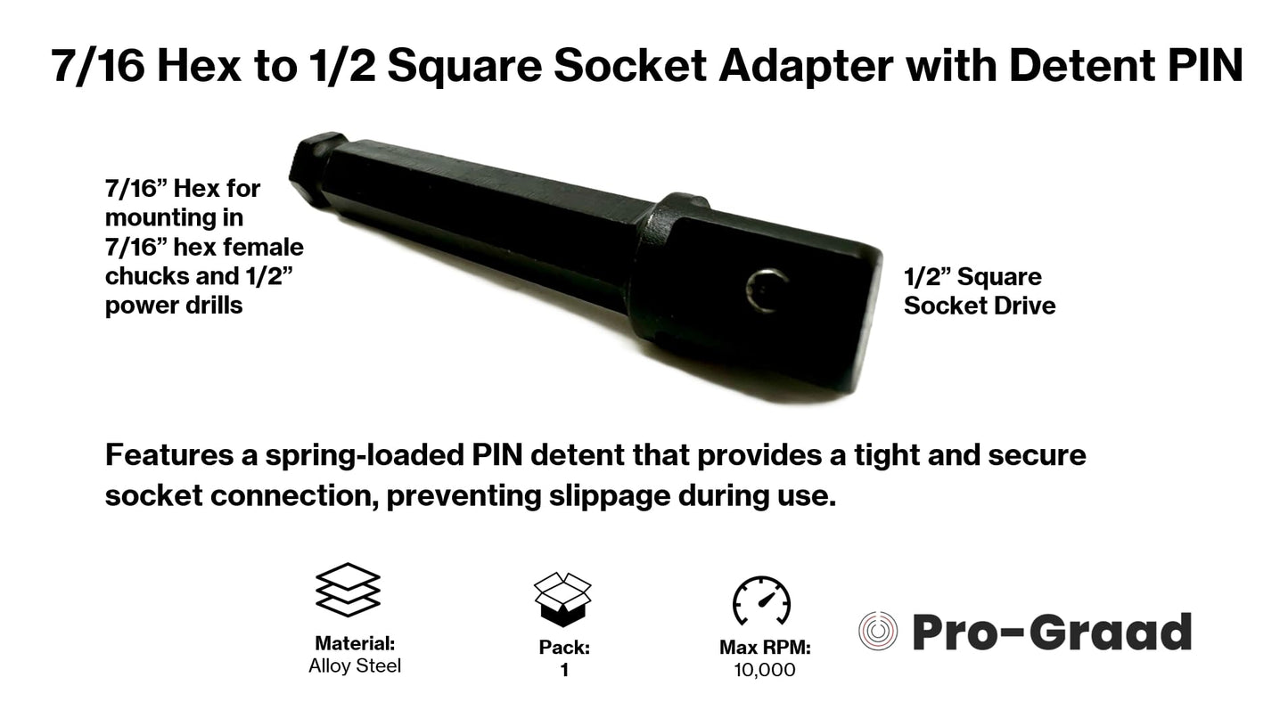 Pro-Graad 7/16 Hex to 1/2 Square Socket Adapter Drive Converter, Impact Driver Bit, Detent PIN, 2.5” Extension, 7/16” to 1/2” Impact Adapter, Works with 7/16inch Impact Driver & 1/2inch Electric Drill