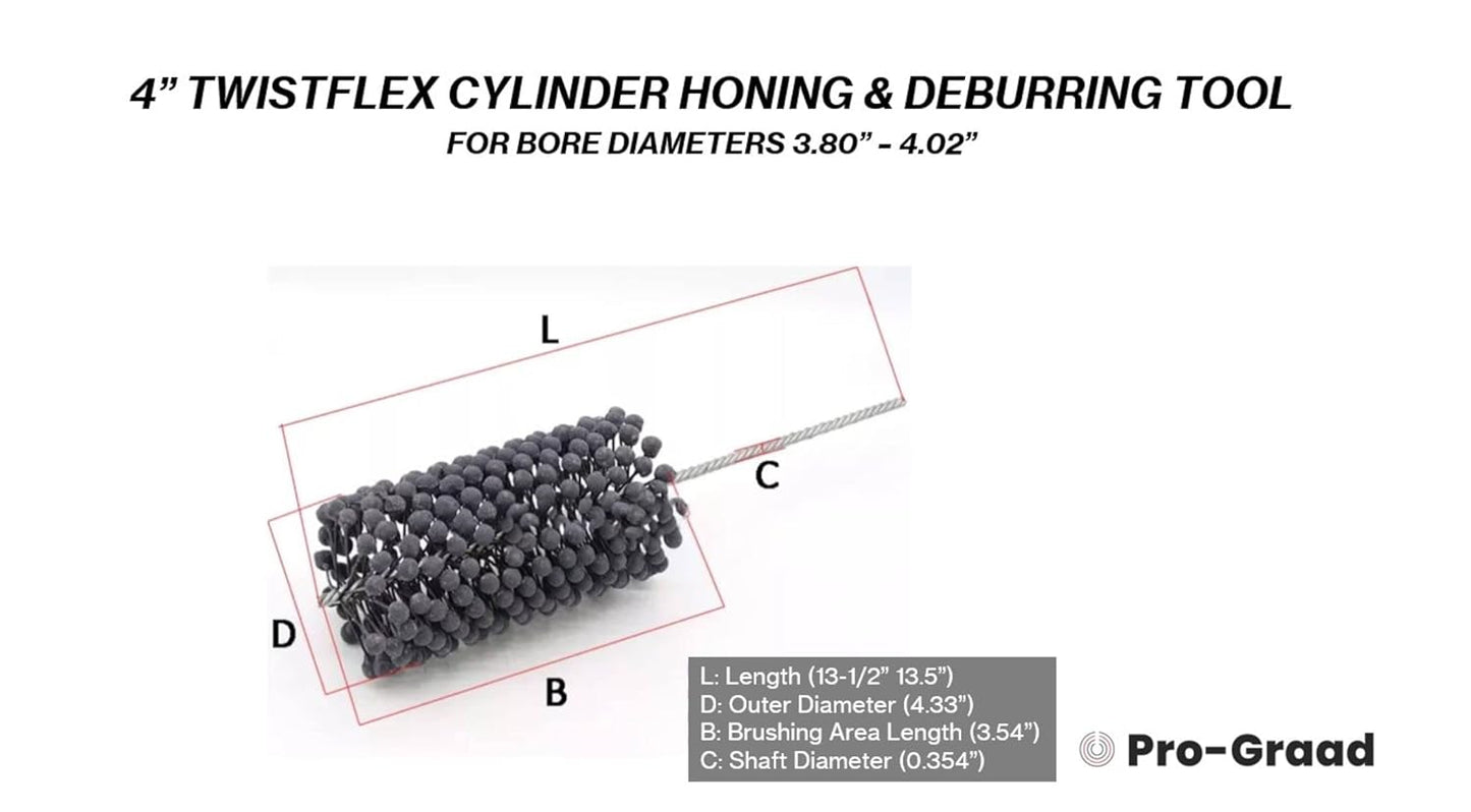 Pro-Graad TwistFlex 4" 240SC Cylinder Hone | 4.00" Flexible Cylinder Honing & Deburring Tool | Bore Brush for Hole Diameters 3.80"- 4.02" | Silicon Carbide 240 Grit | 0.354" Shank | 13.5" Length