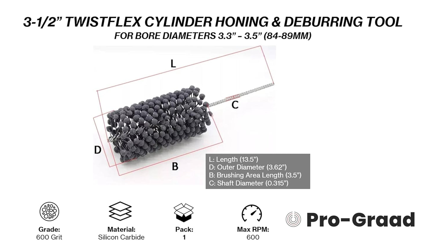 Pro-Graad TwistFlex 3-1/2” 600SC Cylinder Hone | 3.5” (89mm) Standard Duty Flexible Cylinder Honing & Deburring Tool for Hole Diameters 3.3” – 3.5” | Silicon Carbide 600 Grit