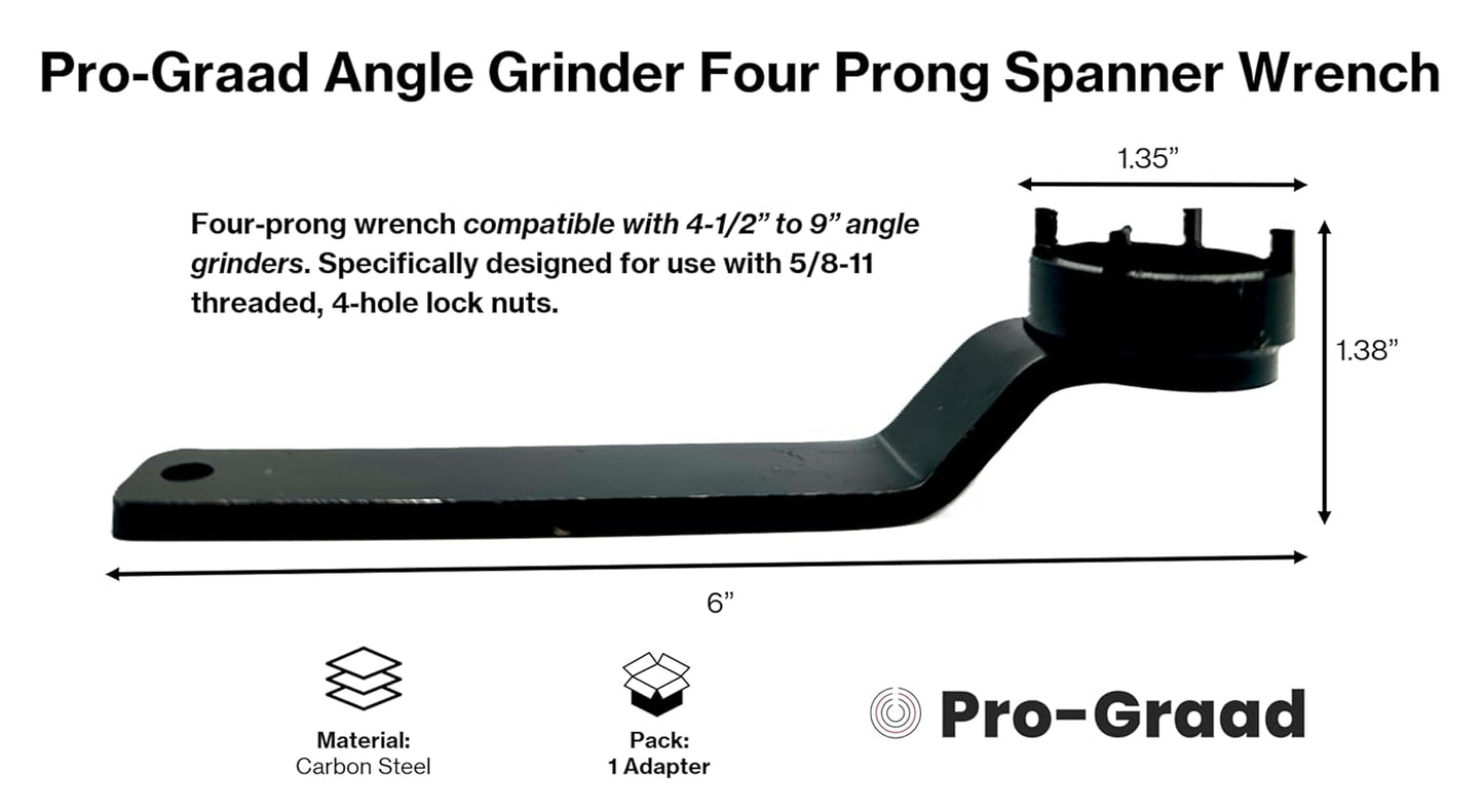 Pro-Graad Angle Grinder Wrench, 4-Prong Spanner for 4-1/2”–9” Grinders 4 Hole 5/8-11 Lock Nuts, Durable Steel, 1-3/8" Offset Ideal for Thick Pads & Discs, Easy to Use, Pack of 1
