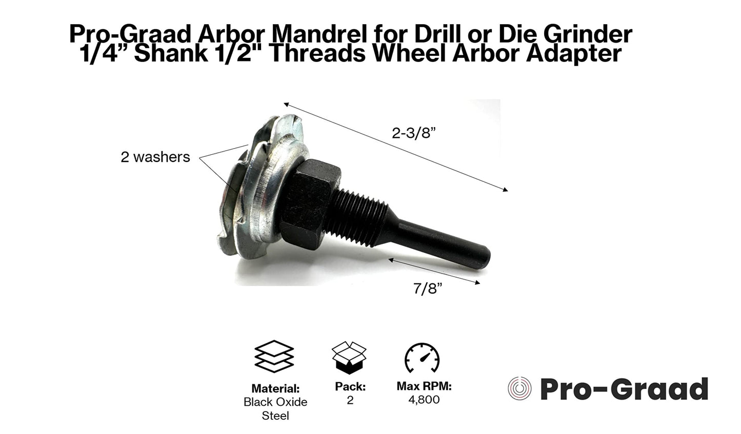 Pro-Graad Arbor Mandrel for Drill or Die Grinder 1/4” Shank 1/2" Threads Wheel Arbor Adapter for Mounting 1/4” up to 3/4” Wide Buffing Grinding and Polishing Wheels with 1/2” Center Hole | 2 Pack