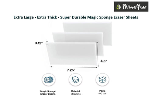 MinnYaso 100 Pack Extra Large - Extra Thick - Super Durable Magic Sponge Eraser Sheets 7.25" x 4.5" x 0.12" | All Purpose Household Cleaner Pads for Kitchen, Bathroom, Floors, Walls, Sink, Toilet