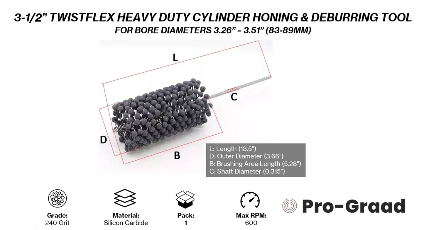 Pro-Graad TwistFlex Heavy Duty Cylinder Hone, 3-1/2" 240SC Flexible Cylinder Honing & Deburring Tool, 3.5" Bore Brush for Hole Diameters 3.26"- 3.51", Silicon Carbide 240 Grit, 13.5" Length (1 Pack)