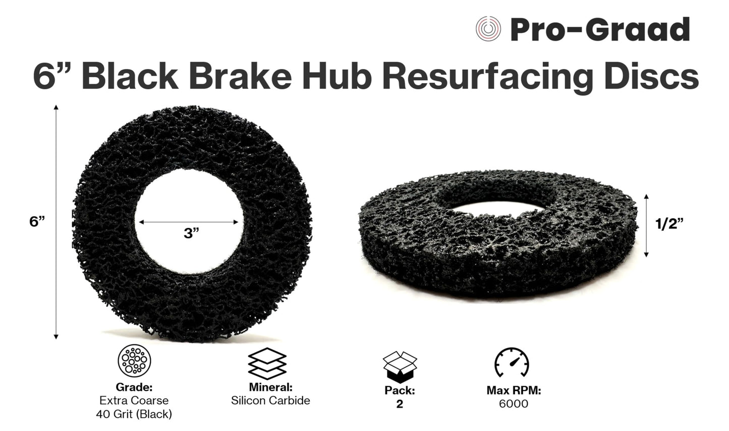 Pro-Graad 2 Pack 6” Replacement Pad for Hub Cleaning Tool, Hook & Loop Brake Wheel Hub Black Resurfacing & Cleaning Disc, Compatible for use with Bilitools, Steelman, Hazet & Mueller-Kueps Holders