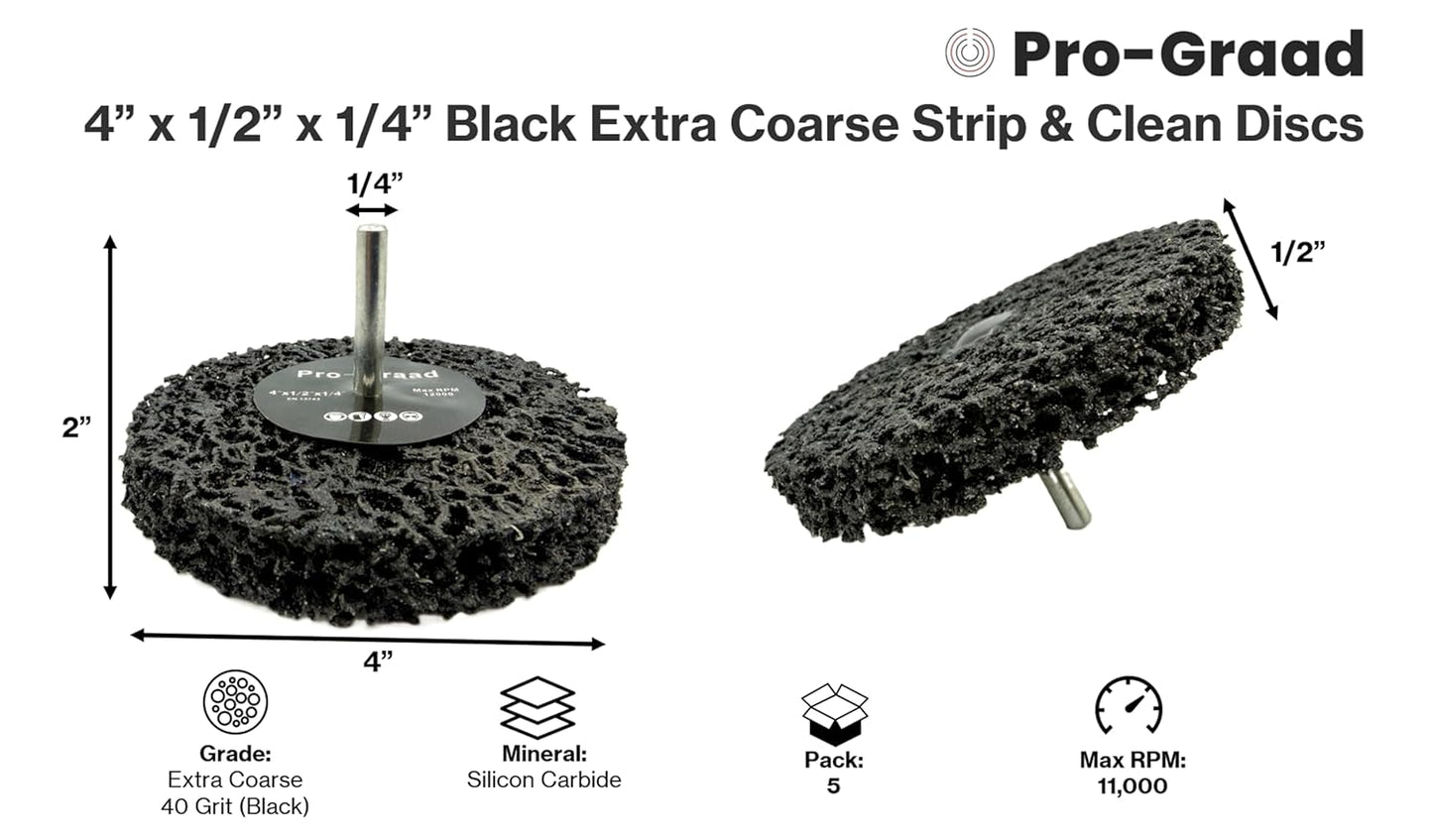 Pro-Graad 5 Pack Paint Stripping Disc Drill Attachment | 4" x 1/2" Wide with 1/4" Shaft | Strip & Clean Discs Remove Paint, Coatings & Rust | Black | Pack of 5
