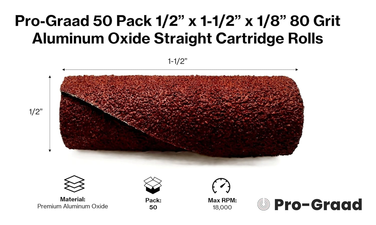 Pro-Graad 1/2” Diameter x 1-1/2” Length x 1/8” Pilot Hole 80 Grit Aluminum Oxide Straight/Untapered Cartridge Roll, 50 Pack, Includes 1x CR-9 Mandrel