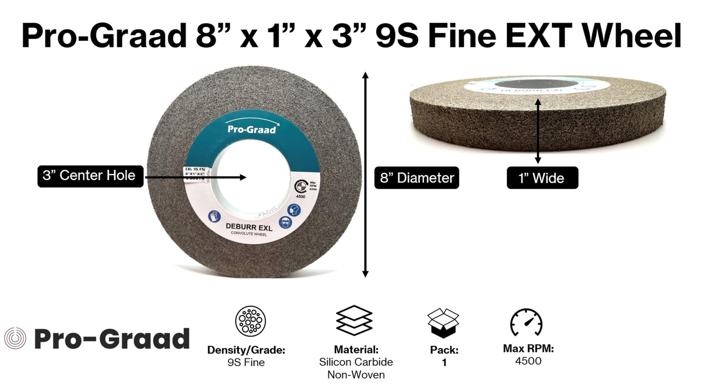 Pro-Graad EXT Deburring Wheel 8" x 1" x 3" 9S Fine Grit - Silicon Carbide - Metal Deburring, Finishing and Polishing Wheel – Excels on Titanium, Stainless & Tough Alloys - Convolute - (1 Pack)