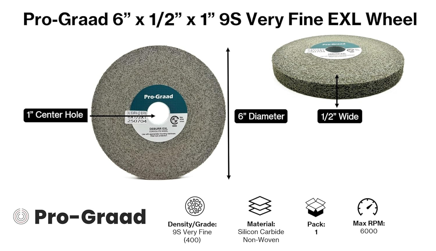 Pro-Graad EXL Deburring Wheel - 6" x 1/2" x 1" 9S Very Fine (400) Grit - Silicon Carbide - Metal Deburring, Finishing and Polishing Wheel - Convolute - (1 Pack)