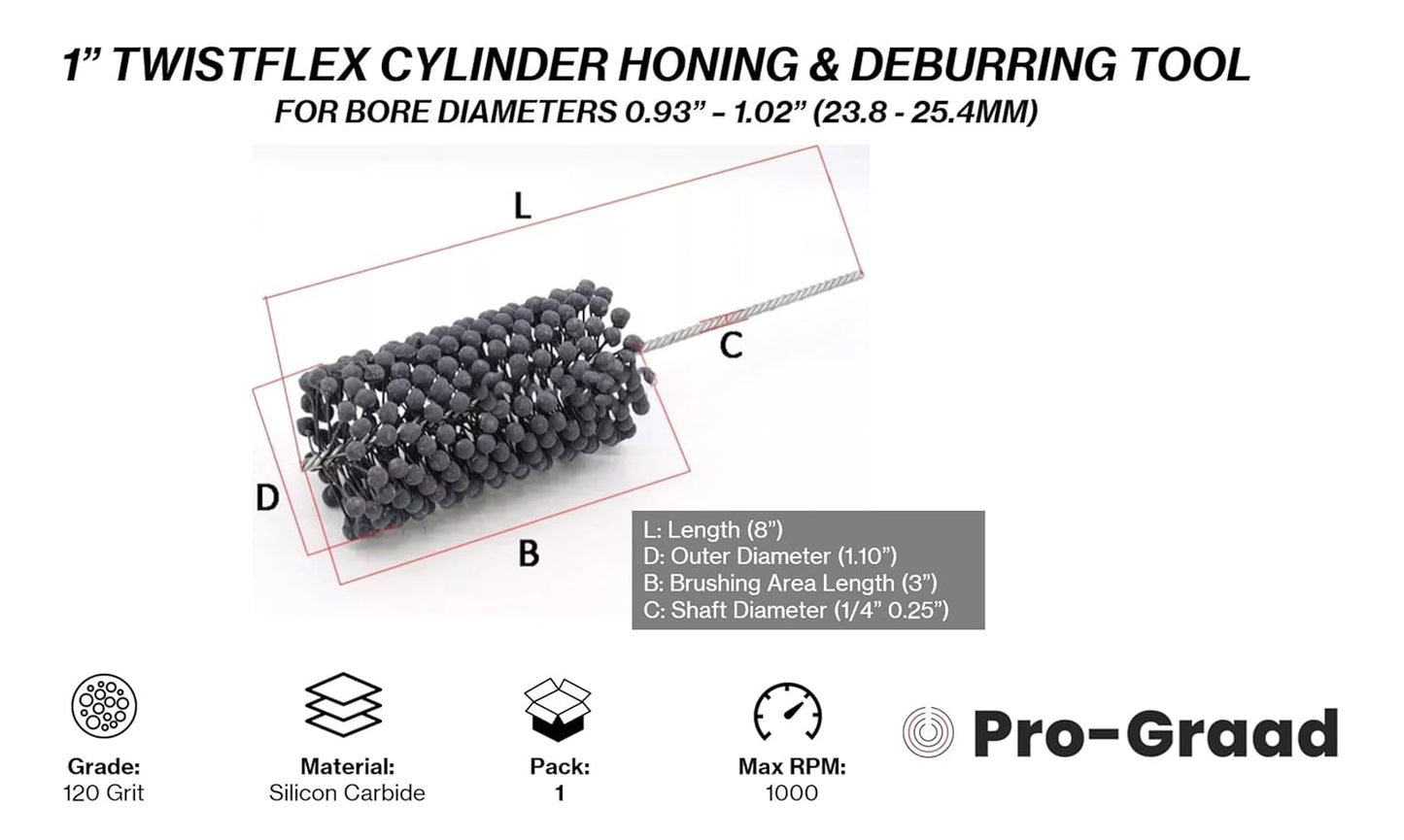 Pro-Graad TwistFlex 1" 120SC Cylinder Hone | 1" Flexible Cylinder Honing & Deburring Tool Bore Brush for Hole Diameters 0.93" - 1.02" | Silicon Carbide 120 Grit | 1/4" Shank | 8" Length | Pack of 1