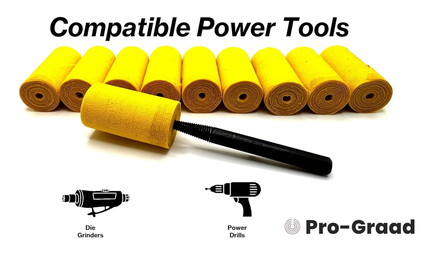 Pro-Graad 11 Piece Large (3/4x1-1/2x1/8) Yellow Treated Cloth Buffing & Polishing Cartridge Roll Kit, Ideal for Detail Polishing Hard to Reach Areas, Includes 1/4” Shank Mandrel
