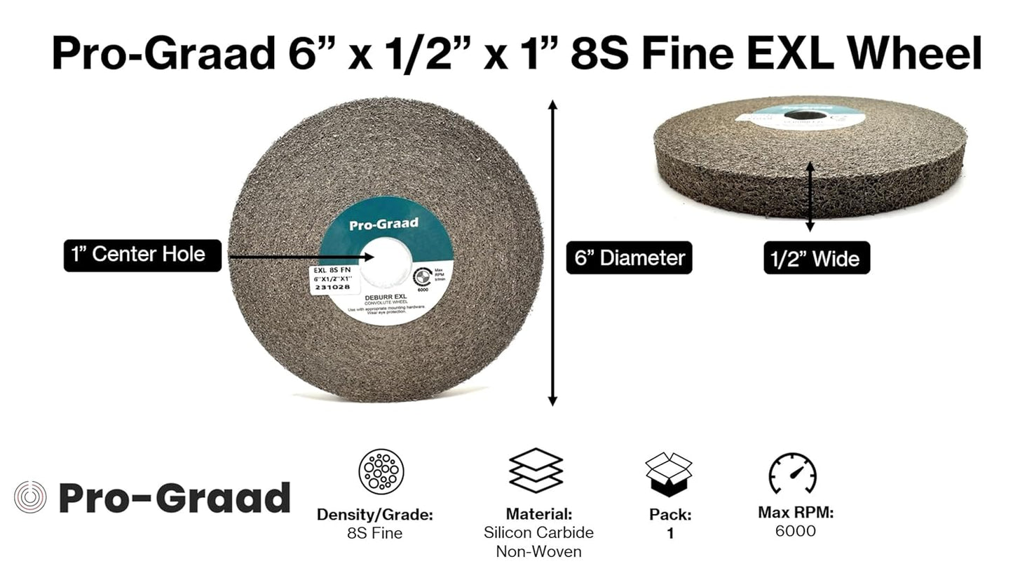 Pro-Graad EXL Deburring Wheel - 6" x 1/2" x 1" 8S Fine - Silicon Carbide - Metal Deburring, Finishing and Polishing Wheel - Convolute - 1 Pack
