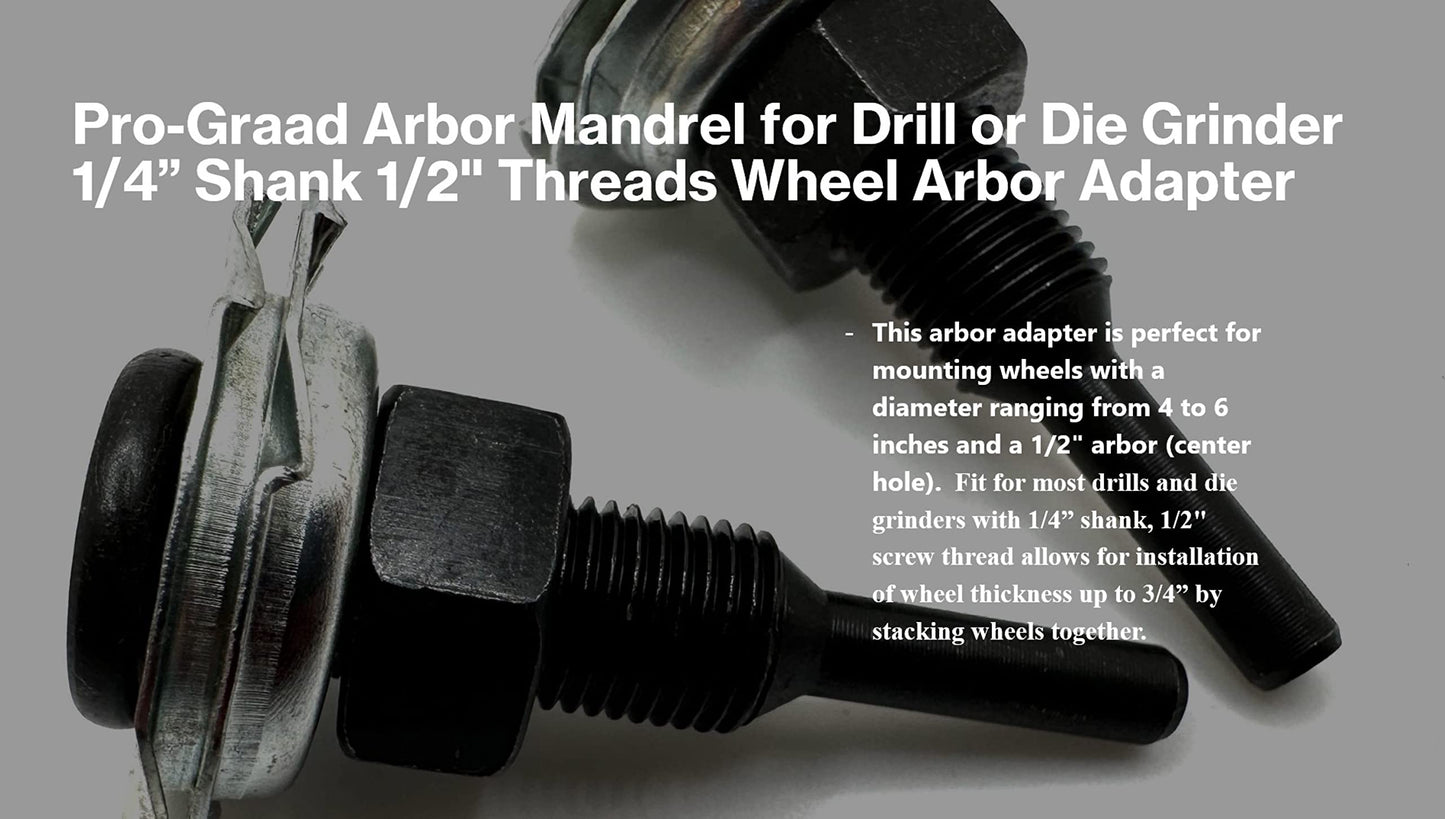 Pro-Graad Arbor Mandrel for Drill or Die Grinder 1/4” Shank 1/2" Threads Wheel Arbor Adapter for Mounting 1/4” up to 3/4” Wide Buffing Grinding and Polishing Wheels with 1/2” Center Hole | 2 Pack
