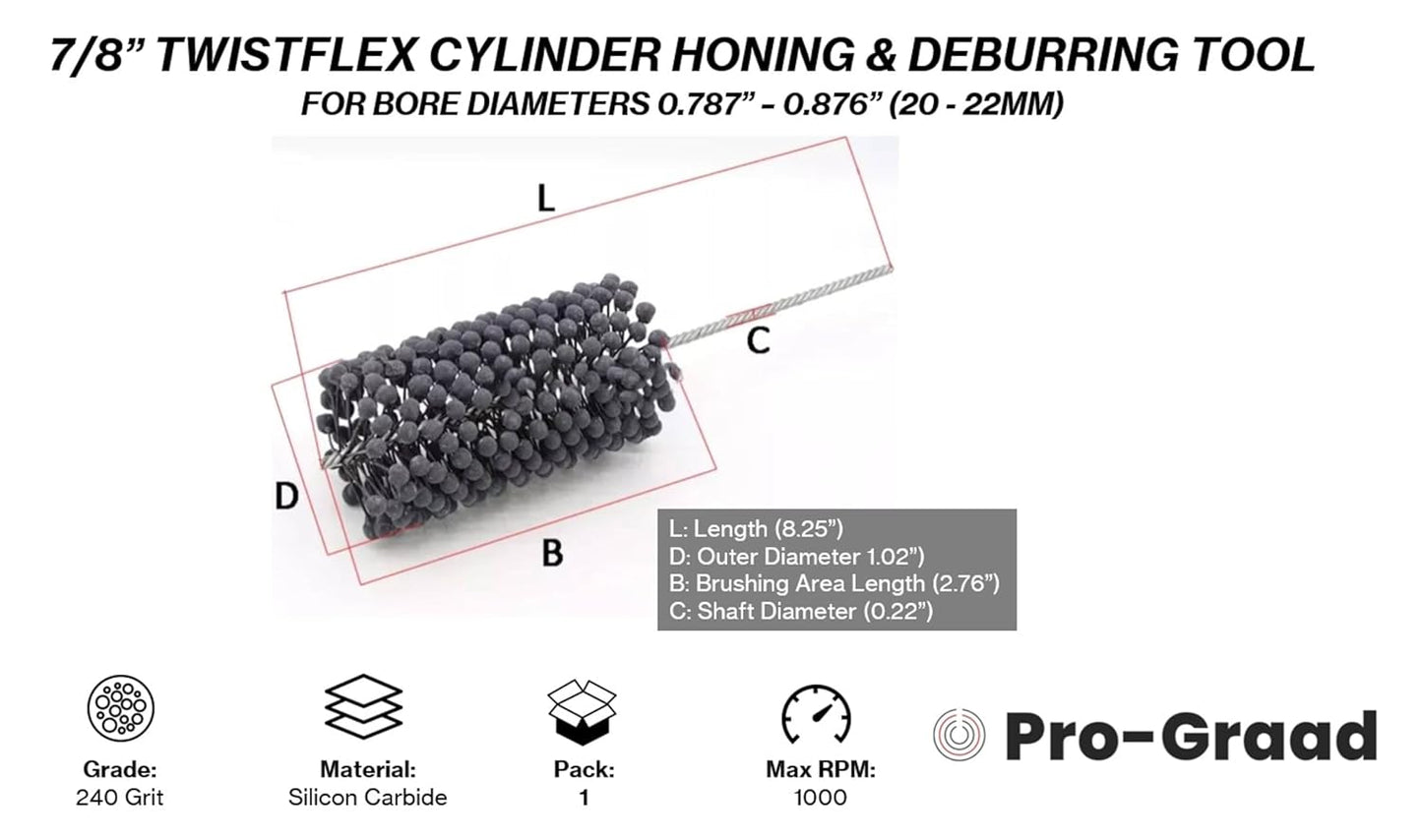 Pro-Graad TwistFlex 7/8" 240SC Cylinder Hone | 0.875” Flexible Cylinder Honing & Deburring Tool | Bore Brush for Hole Diameters 0.787"- 0.876" | Silicon Carbide 240 Grit | 0.22" Shank | 8.25" Length