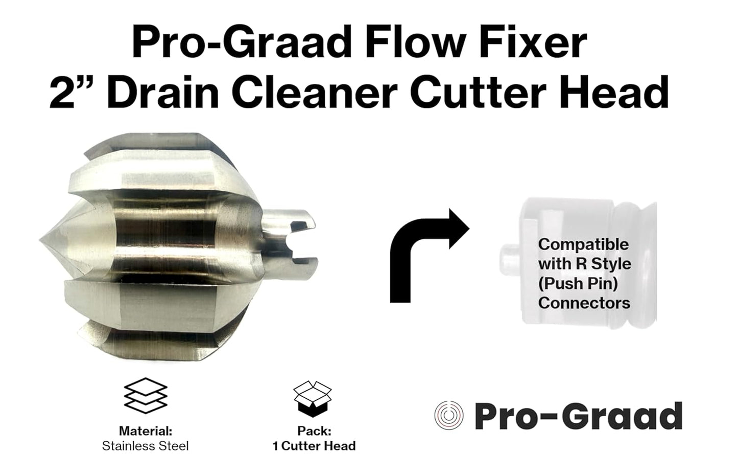 Pro-Graad 2” Flow Fixer Drain Cleaner Plumbing Snake Cutter Head for 2-1/2" - 3" Pipes, Clears & Scrapes Pipe Inner Walls, with R-Connector (Push Pin Fitting), for Commercial & Residential Use