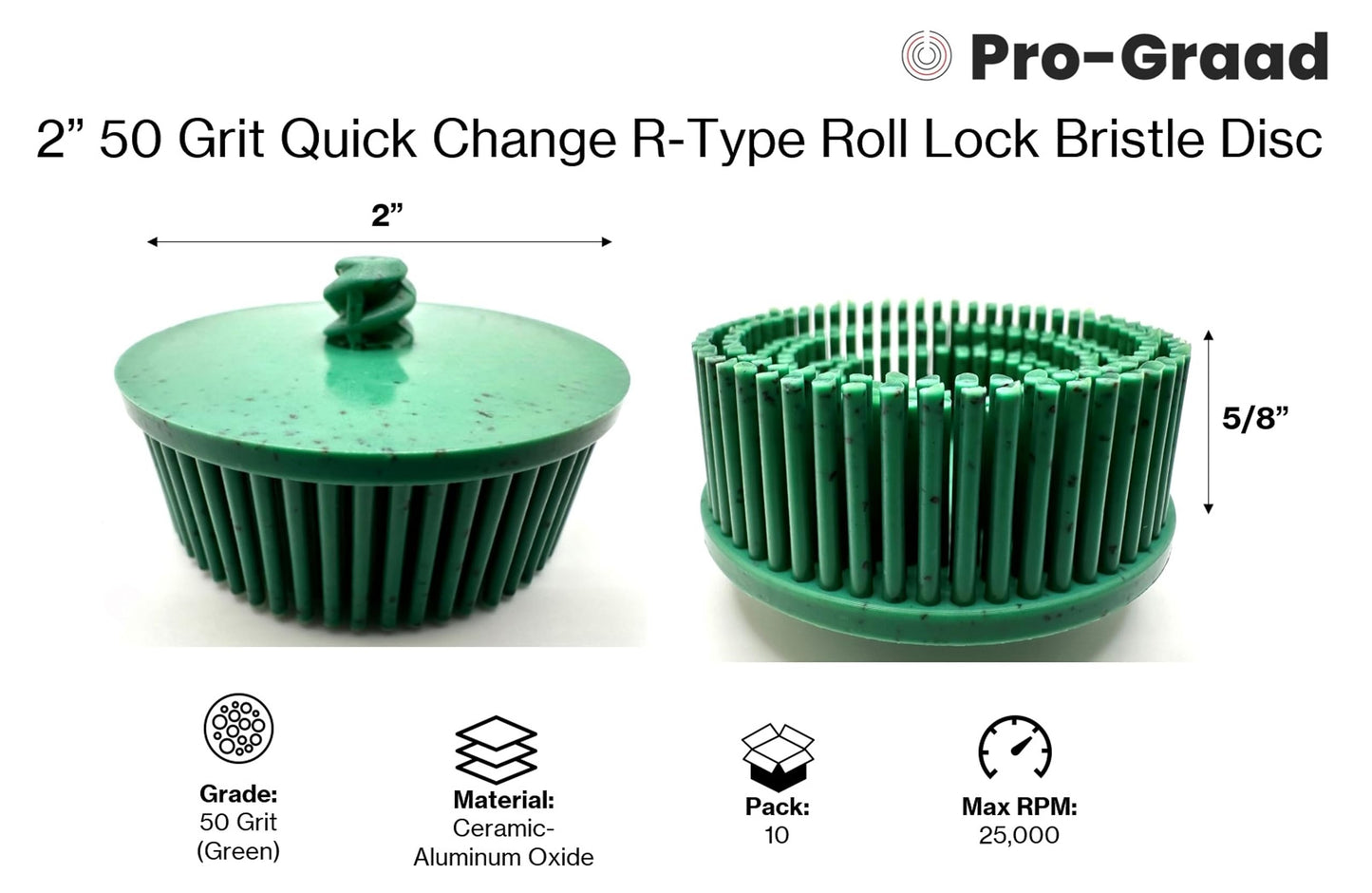 SuperGrindz 10 Pack 2" 50 Grit Green R-Type Bristle Discs - Premium Ceramic-Aluminum Oxide Abrasive | Quick Change Roll Lock | Compatible with Roloc Holders | High-Performance Green Bristle Discs