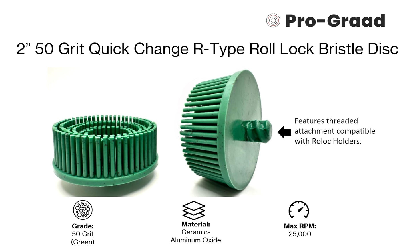 SuperGrindz 10 Pack 2" 50 Grit Green R-Type Bristle Discs - Premium Ceramic-Aluminum Oxide Abrasive | Quick Change Roll Lock | Compatible with Roloc Holders | High-Performance Green Bristle Discs