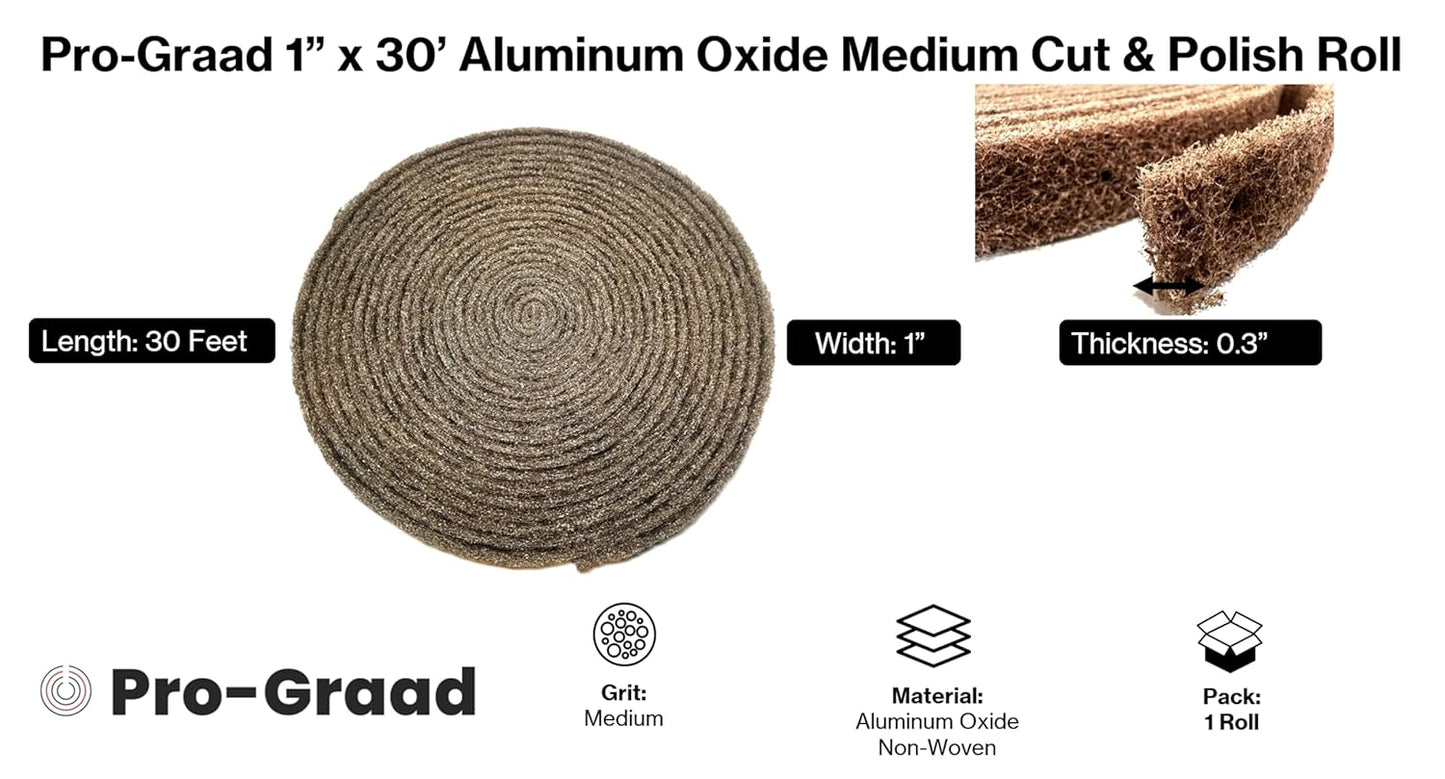 Pro-Graad 1” Width x 30’ Length Aluminum Oxide Medium Grit Non-Woven 7440 Cut & Polish Roll – Aggressive Metal Blending, Cleaning, Satin Polishing, Flexible & Cut-to-Length, 05733, Pack of 1