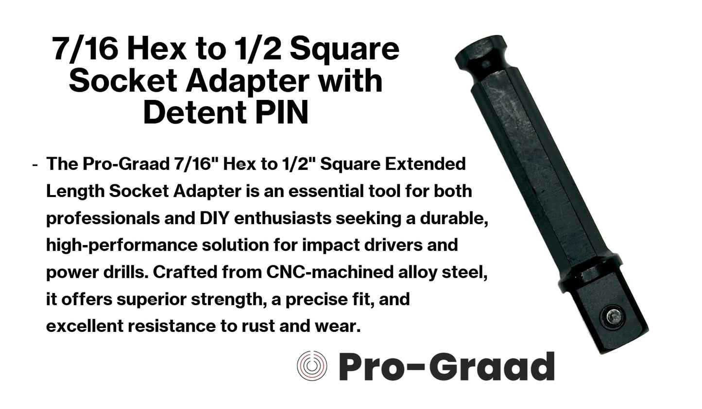 Pro-Graad 7/16 Hex to 1/2 Square Socket Adapter Drive Converter, Impact Driver Bit, Detent PIN, 2.5” Extension, 7/16” to 1/2” Impact Adapter, Works with 7/16inch Impact Driver & 1/2inch Electric Drill